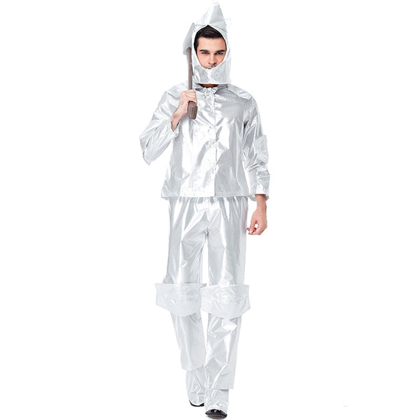 Silver Tin Man costume with hooded tunic, metallic pants, leg cuffs, and axe prop