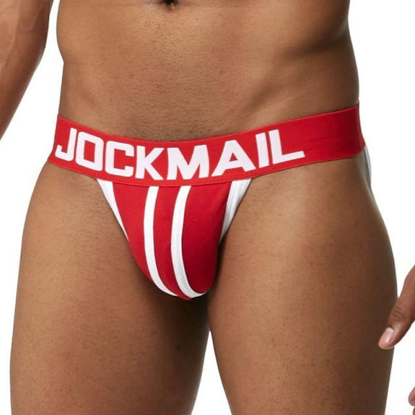 Red Jockmail jockstrap with white racing stripes, shown worn from the front
