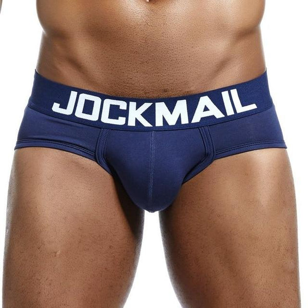 Front view of navy low-rise briefs with a white JOCKMAIL logo waistband