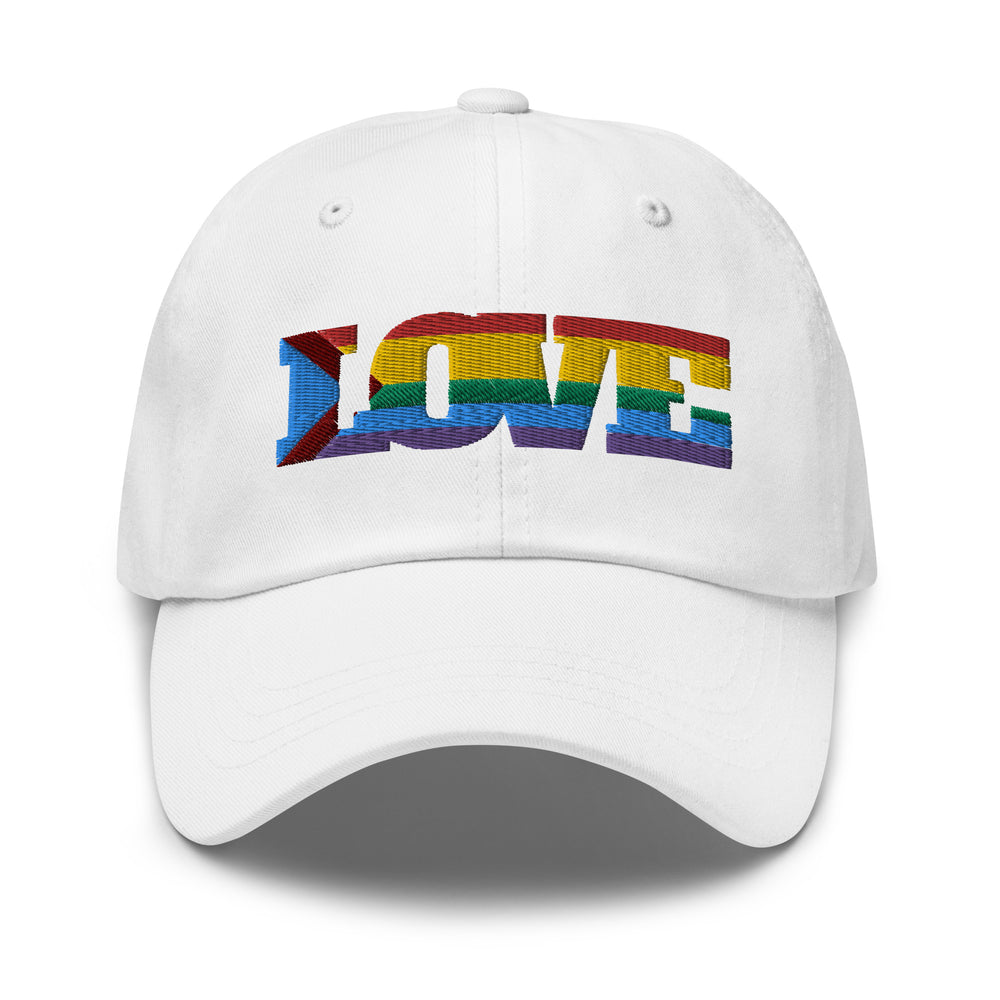 Front view of a white baseball cap embroidered with the word “LOVE” in rainbow colors
