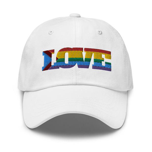 Front view of a white baseball cap embroidered with the word “LOVE” in rainbow colors