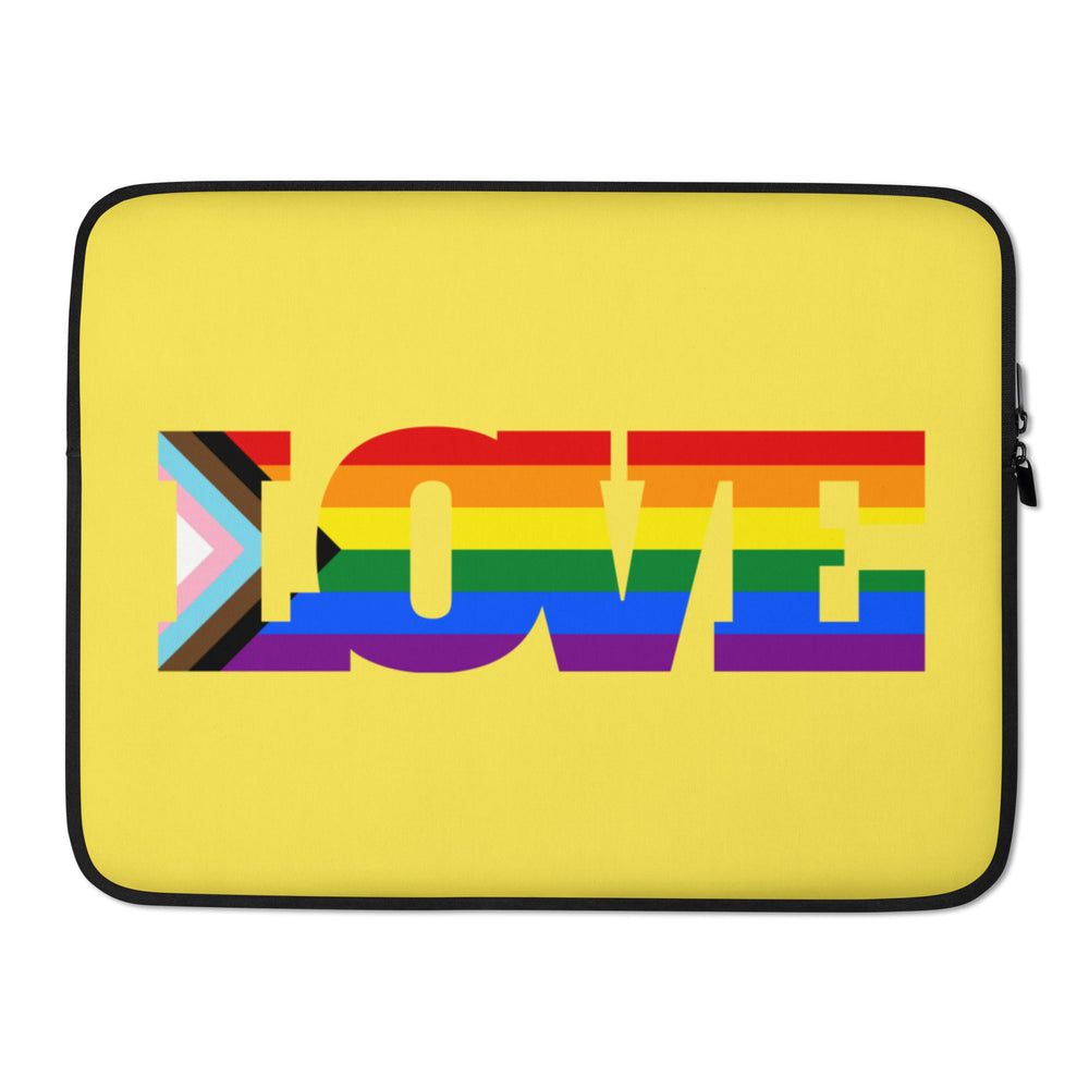 Front view of a yellow laptop sleeve with a rainbow-striped “LOVE” graphic and Progress Pride chevron