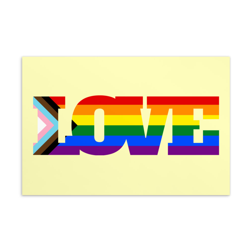 Front-facing postcard with “LOVE” in Progress Pride rainbow stripes on pale yellow