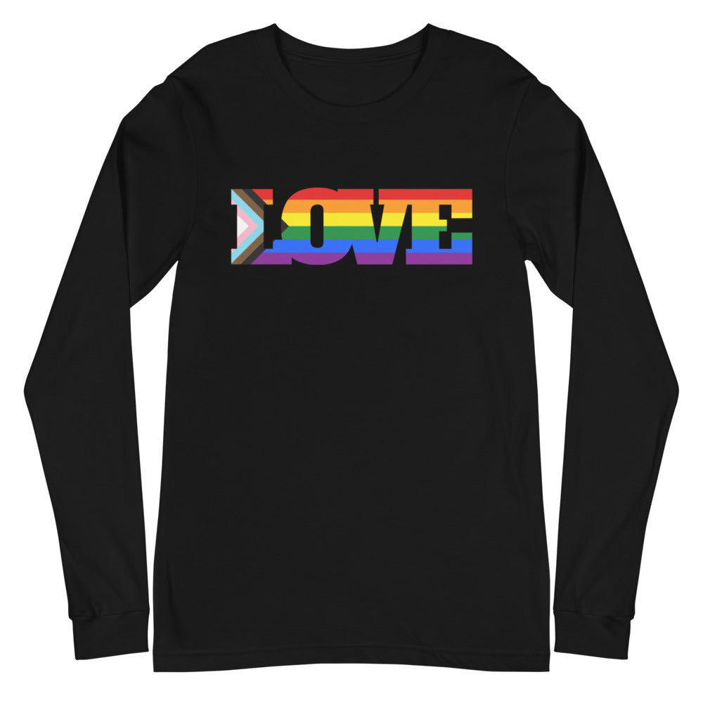 Black long-sleeve shirt with a rainbow-striped “LOVE” graphic and Progress Pride chevron