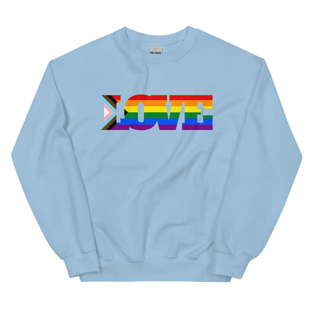 Light blue sweatshirt with a rainbow-striped LOVE graphic and Progress Pride flag accents