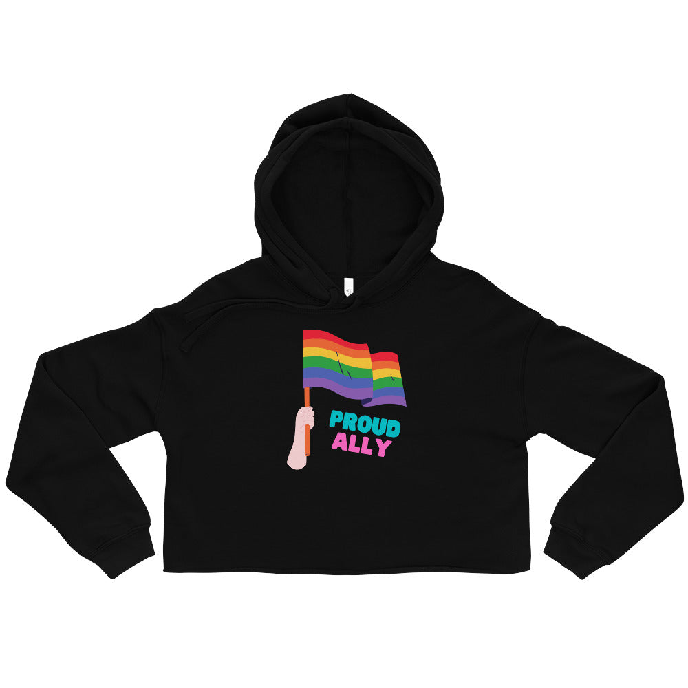 Black cropped hoodie with rainbow flags and “PROUD ALLY” text on the front