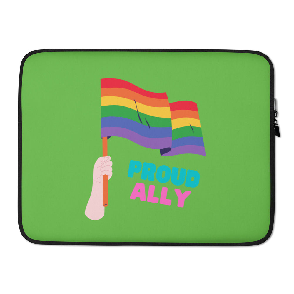 Green laptop sleeve with a rainbow flag, hand, and “PROUD ALLY” lettering