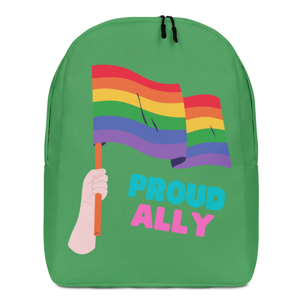 Front view of a green backpack with a rainbow flag, raised fist, and “PROUD ALLY” text