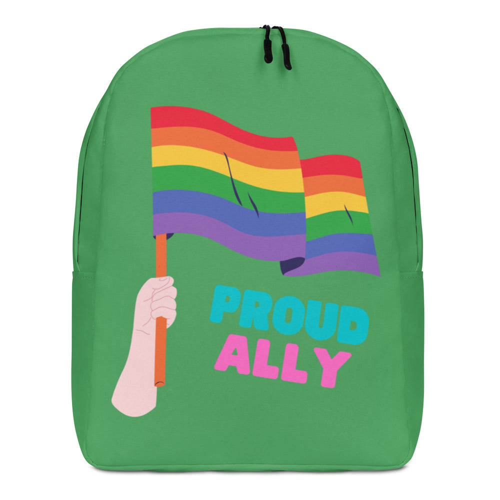 Front view of a green backpack with a rainbow flag, raised fist, and “PROUD ALLY” text