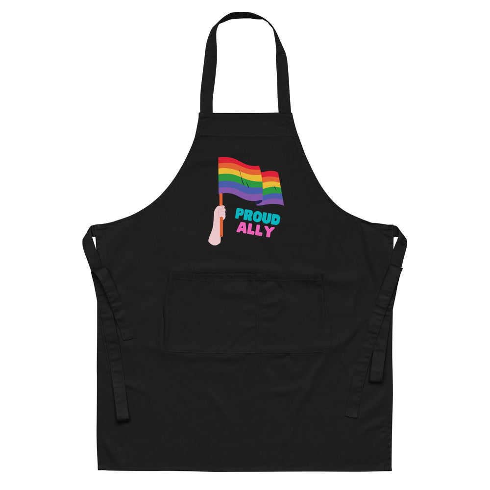 Front view of a black apron with rainbow flags and “PROUD ALLY” text, plus a large pocket
