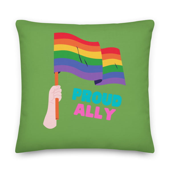 Green square pillow with a rainbow flag, hand, and “PROUD ALLY” lettering