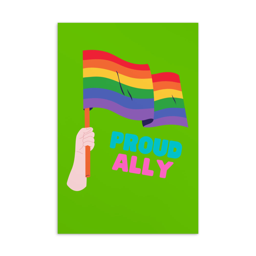 Pride rainbow flag held by a hand above the words “PROUD ALLY” on a green postcard