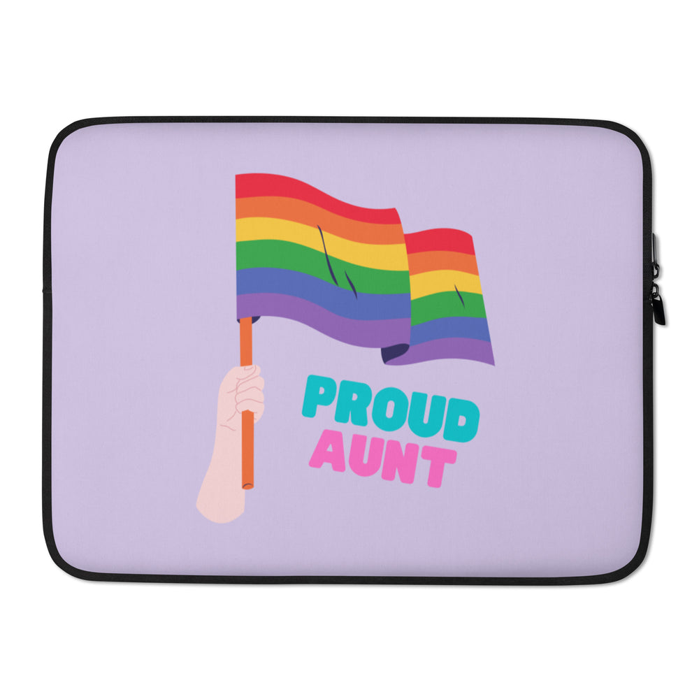 Lavender laptop sleeve with a rainbow flag graphic and the words “PROUD AUNT”