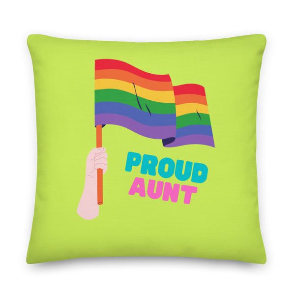 Square lime-green pillow with a rainbow flag, hand, and the words “PROUD AUNT”