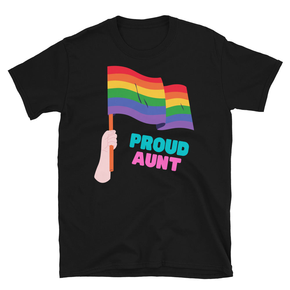 Black T-shirt with rainbow flags and colorful “PROUD AUNT” lettering