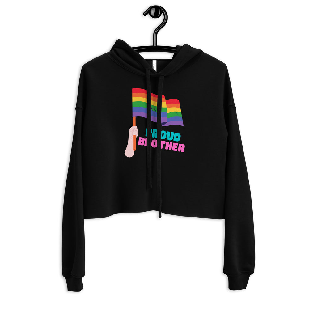 Front view of a black cropped hoodie with rainbow flags and “PROUD BROTHER” text