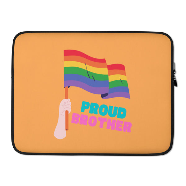 Orange laptop sleeve with rainbow flags, a raised hand, and the words “PROUD BROTHER”