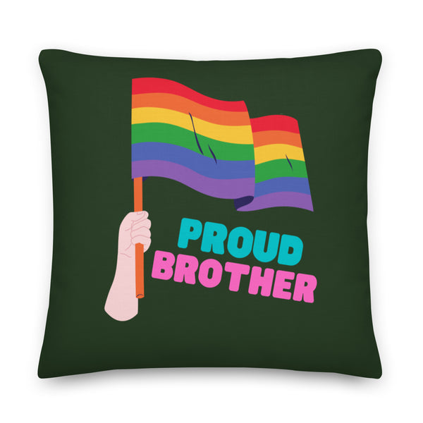 Dark green square pillow with a rainbow flag, raised fist, and “PROUD BROTHER” lettering