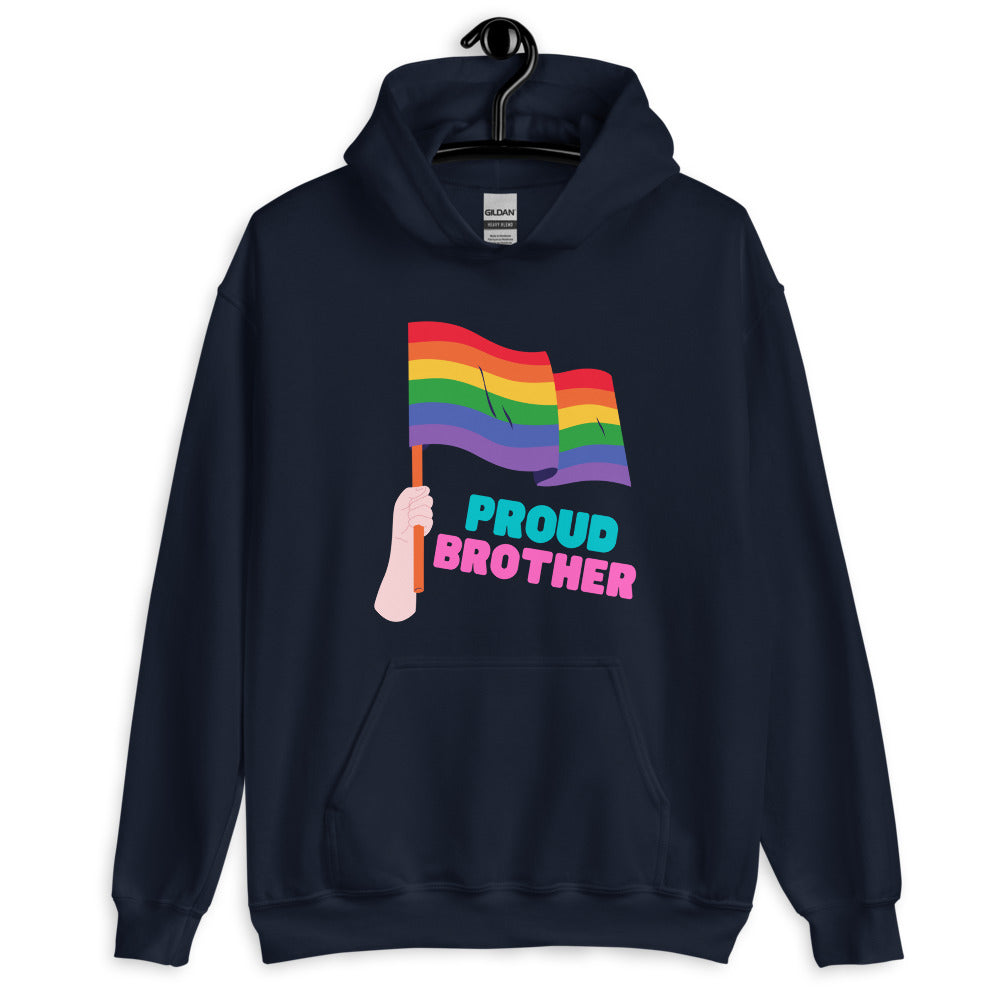 Navy hoodie on a hanger with rainbow flags and “PROUD BROTHER” text