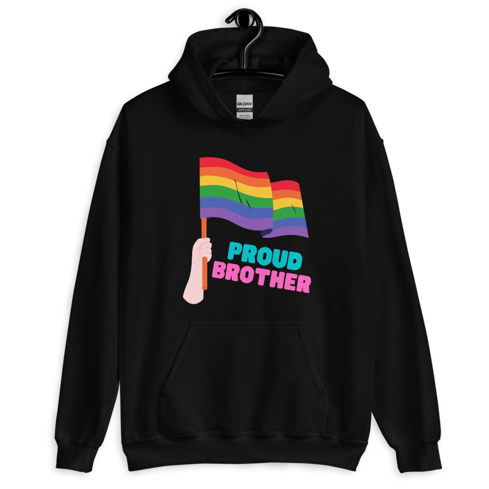 Black hoodie on a hanger with a rainbow flag graphic and “PROUD BROTHER” text