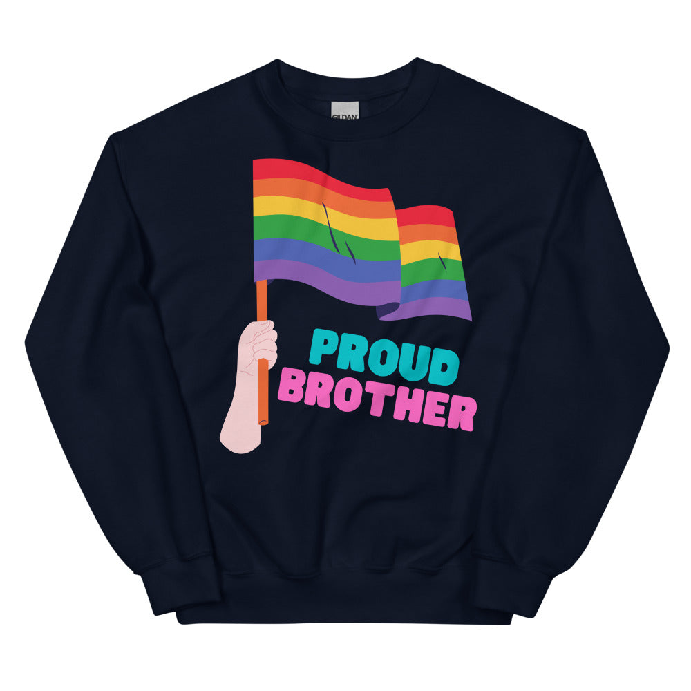 Front view of a navy sweatshirt with a rainbow flag and “PROUD BROTHER” text