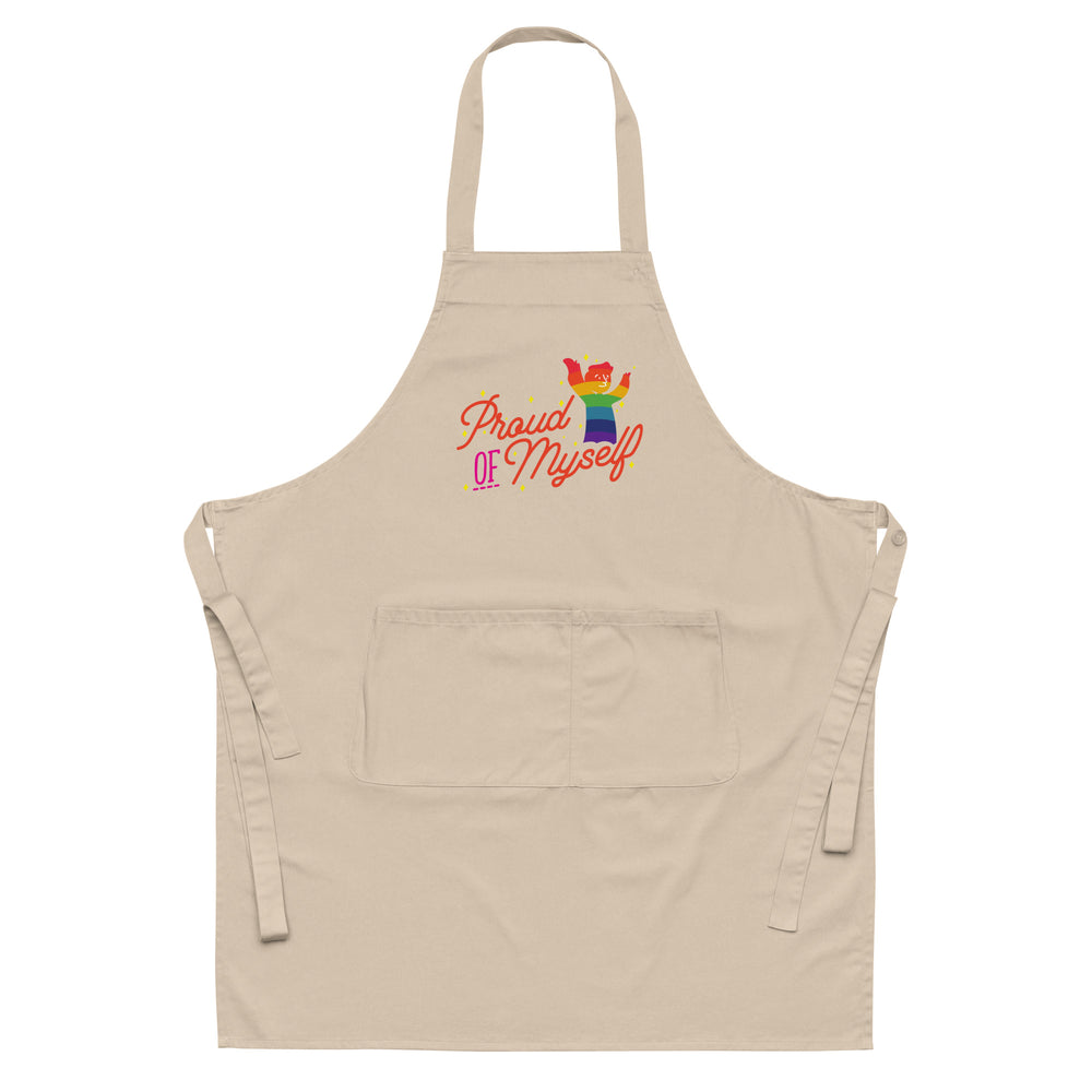 Front view of a beige apron with colorful “Proud of Myself” lettering and rainbow figure