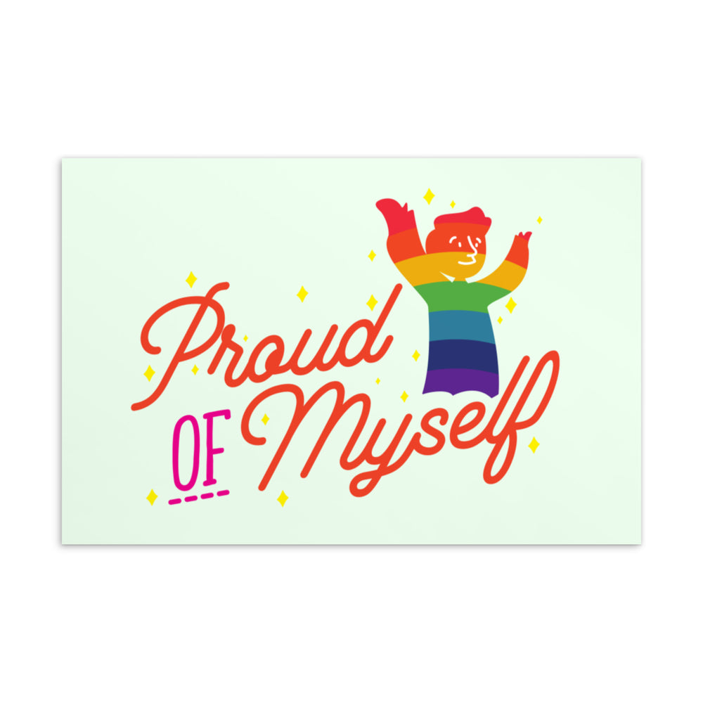 Postcard reading “Proud of Myself,” with a joyful rainbow-striped figure raising both arms amid yellow sparkles.