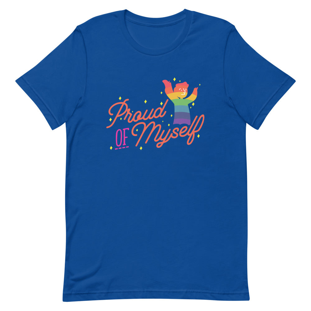 Flat-lay royal blue T-shirt with “Proud Of Myself” lettering and a rainbow figure