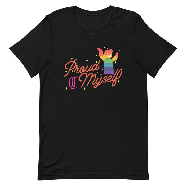 Front view of a black T-shirt reading “Proud Of Myself,” with a colorful figure and stars
