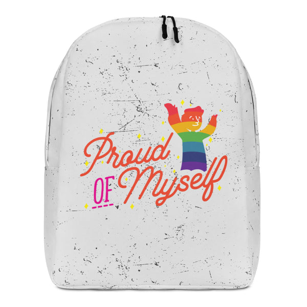 Front view of a white speckled backpack reading “Proud of Myself” with a rainbow figure