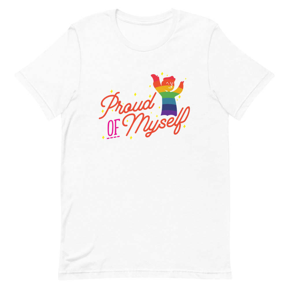 Front view of a white T-shirt reading “Proud Of Myself,” with a colorful figure and stars