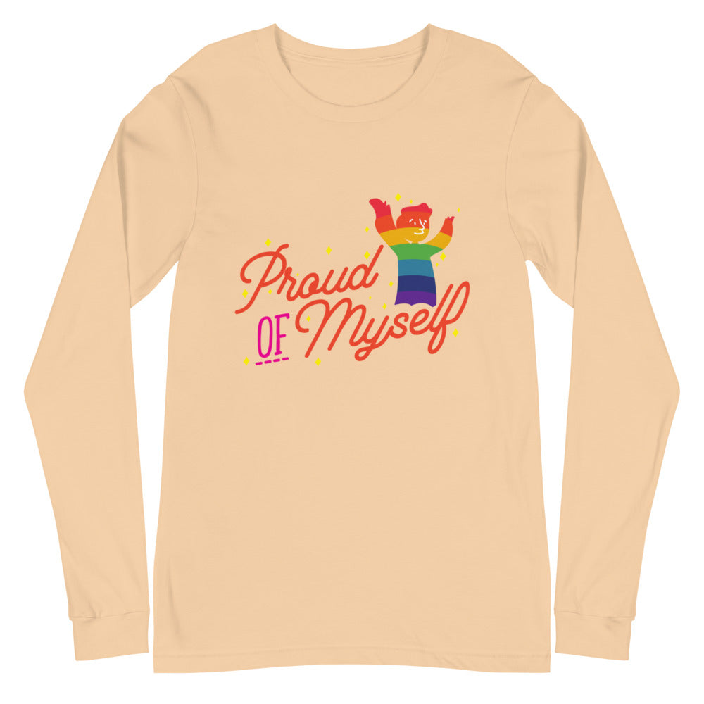Sand-colored long-sleeve shirt with colorful “Proud Of Myself” graphic and raised-arm figure