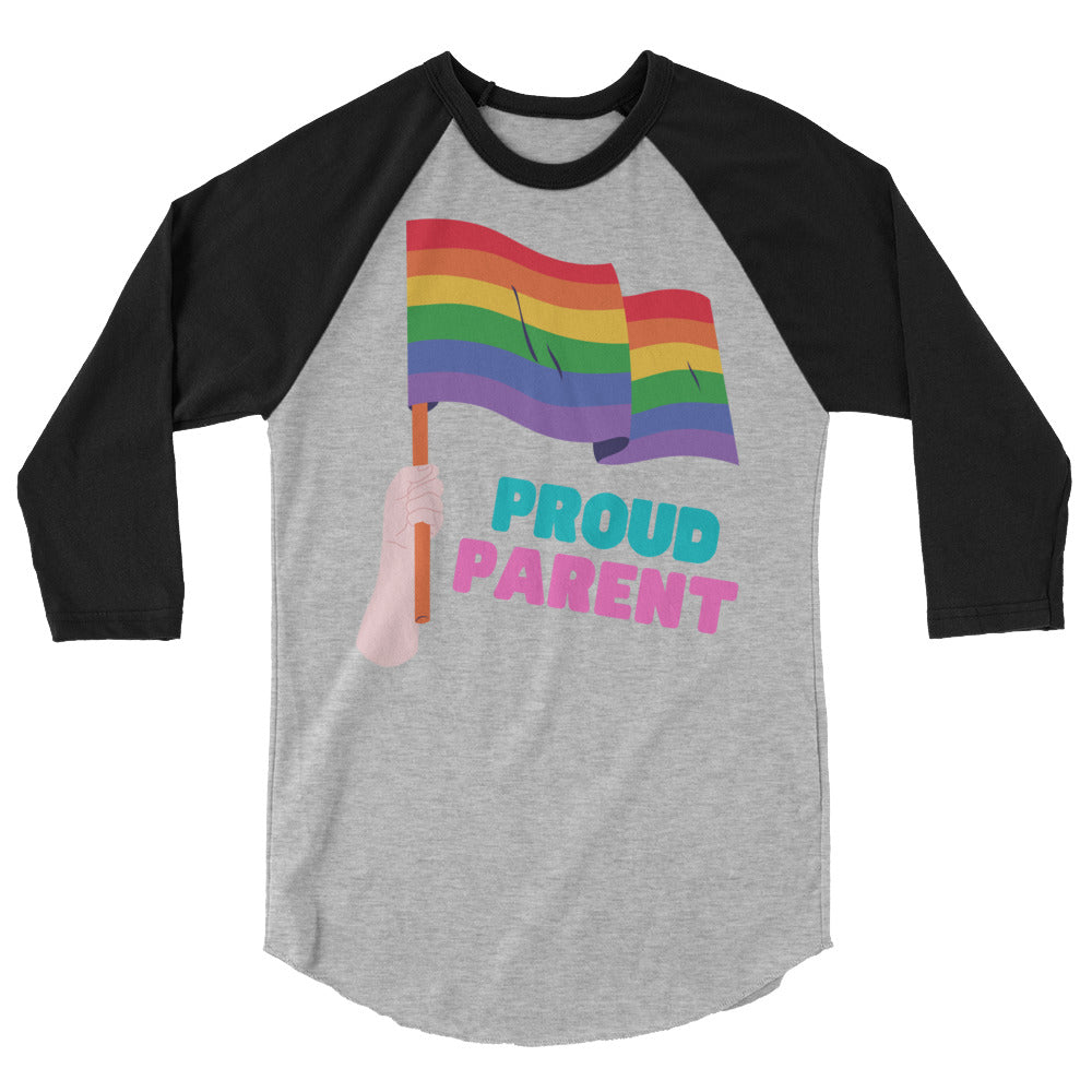 Gray raglan shirt with black three-quarter sleeves, rainbow flags, and “PROUD PARENT” text