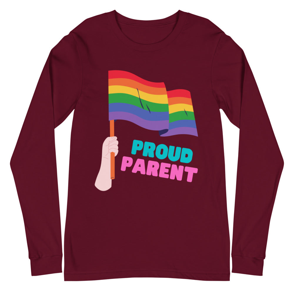 Front view of a maroon long-sleeve shirt with a rainbow flag and “PROUD PARENT” text