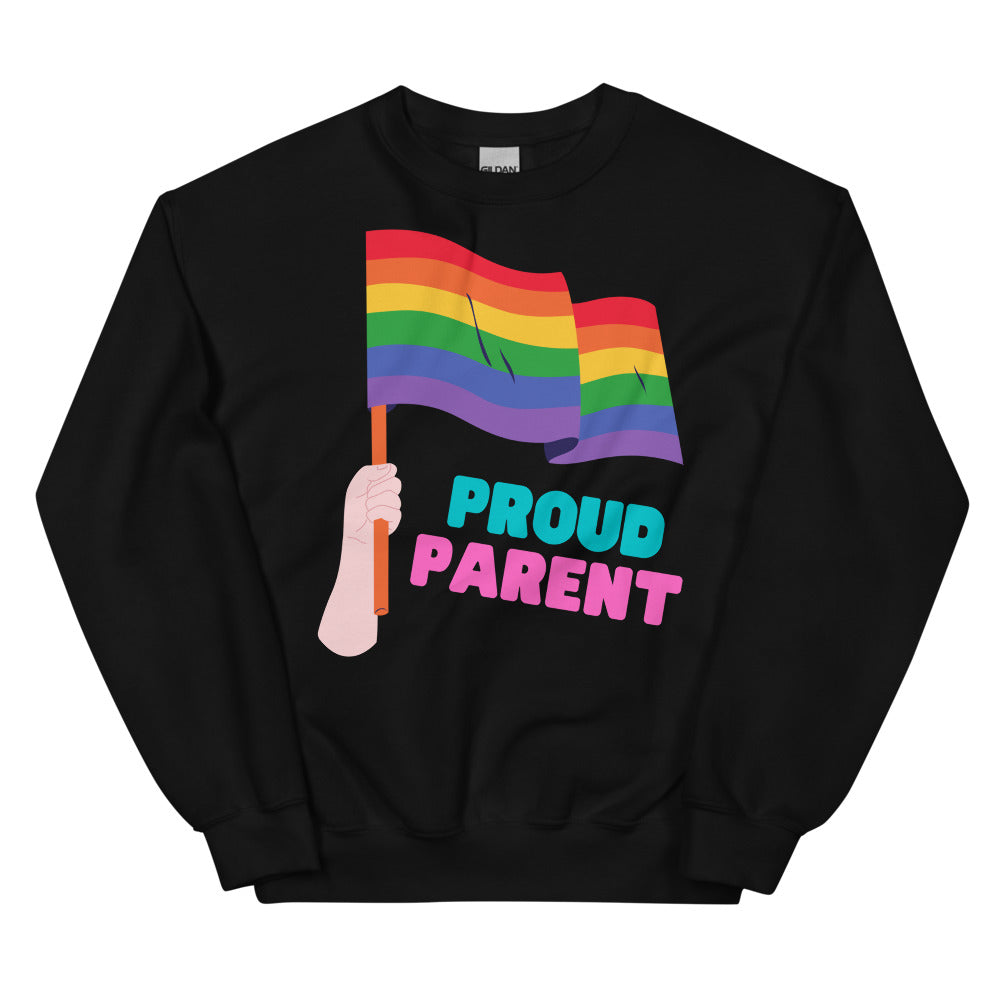 Front view of a black sweatshirt with a rainbow flag and “PROUD PARENT” text