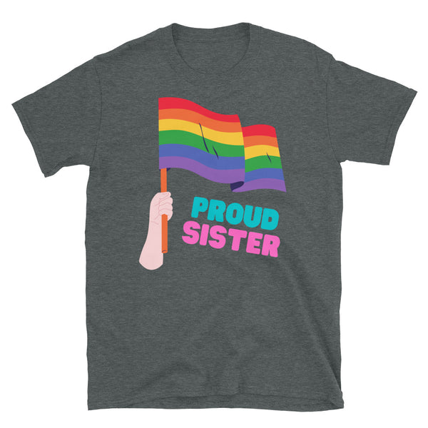 Charcoal gray T-shirt with a rainbow flag graphic and “PROUD SISTER” lettering
