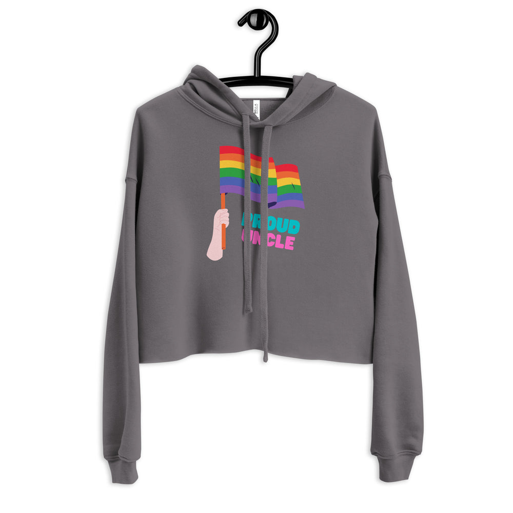 Front view of a gray cropped hoodie with rainbow flags and “PROUD UNCLE” graphic