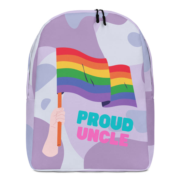 Front view of a lavender backpack with a rainbow flag graphic and “PROUD UNCLE” text