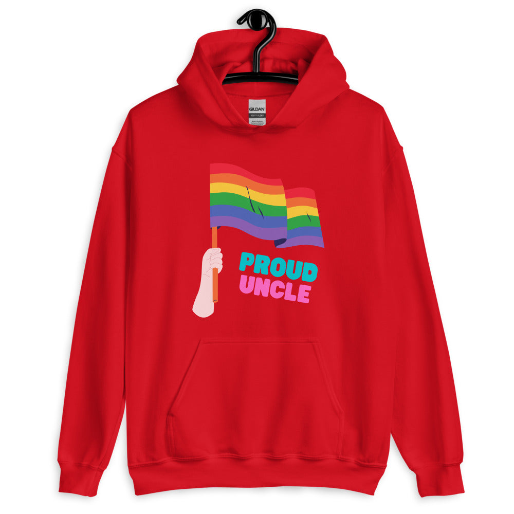 Front view of a red hoodie with a rainbow flag graphic and “PROUD UNCLE” text