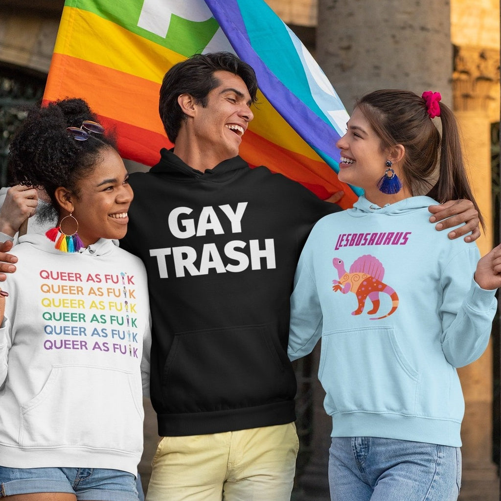 Black Gay Trash Unisex Hoodie by Printful sold by Queer In The World: The Shop - LGBT Merch Fashion