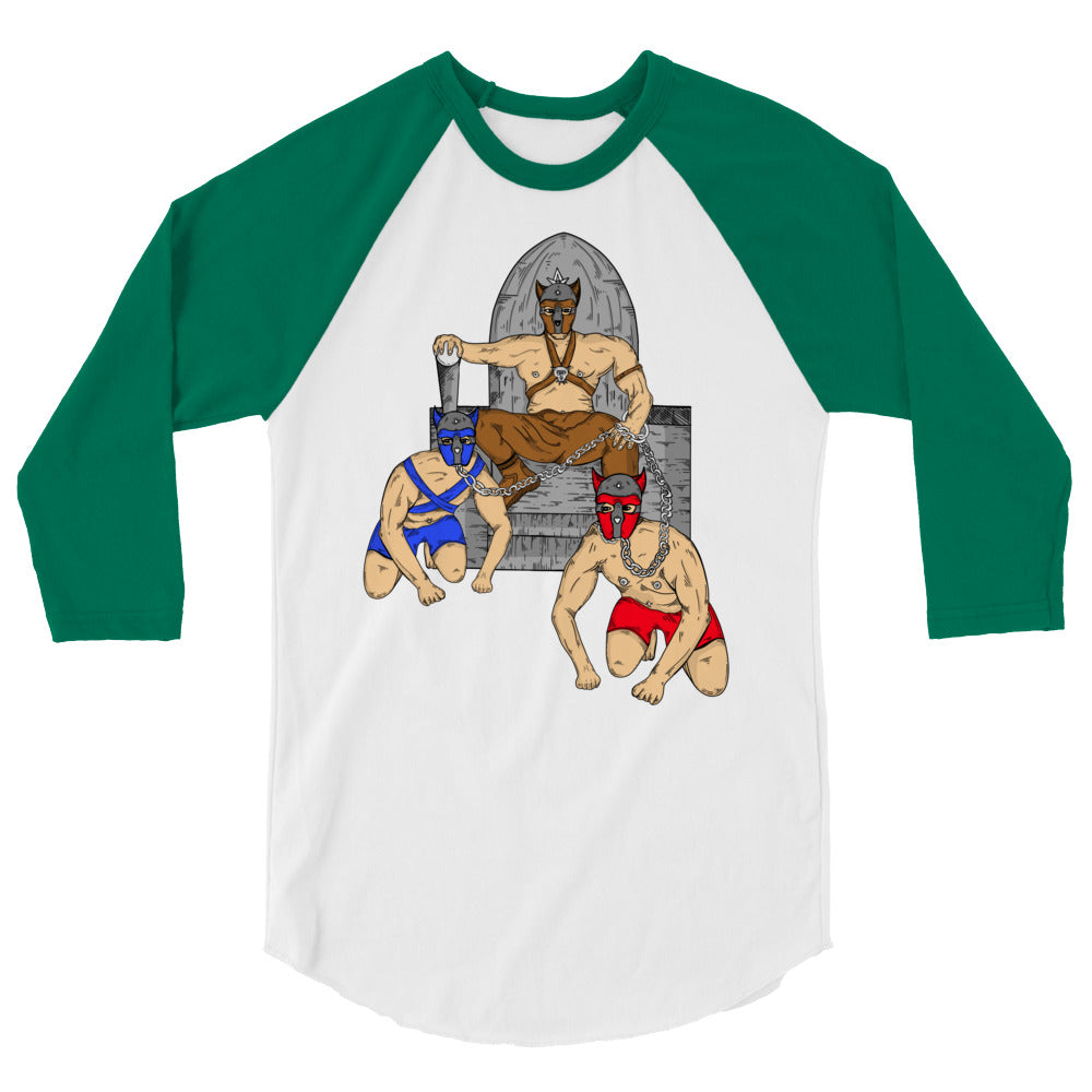 Pup Play 3/4 Sleeve Raglan Shirt, worn by a curly-haired woman, pops in a modern gallery with abstract art and heavy metal chains.