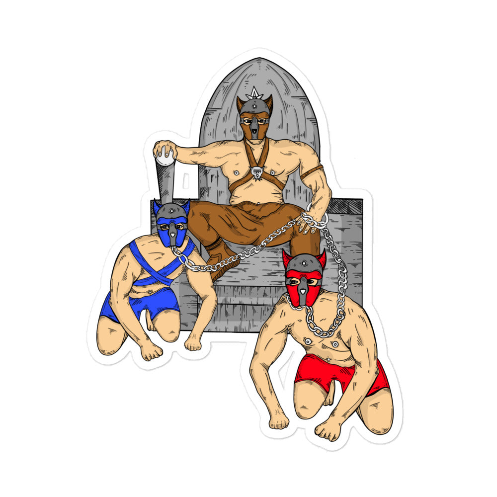 Illustrated sticker of three masked, shirtless pup-play figures with chains and a throne