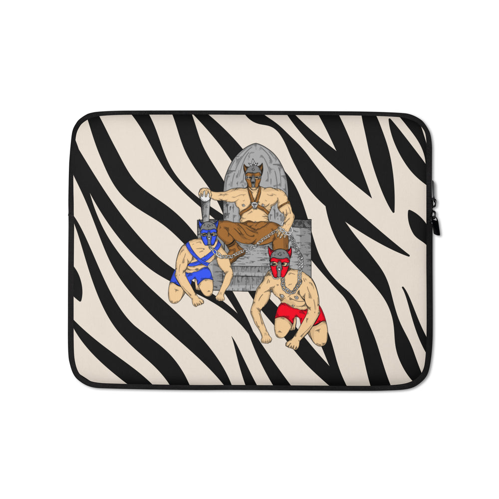 Laptop sleeve with zebra stripes and three illustrated masked men in pup-play gear