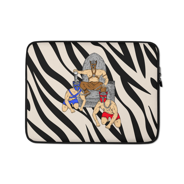 Laptop sleeve with zebra stripes and three illustrated masked men in pup-play gear
