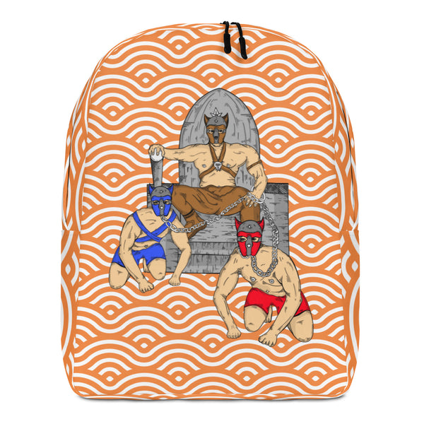 Front-view orange backpack with white wave pattern and three masked pup-play figures