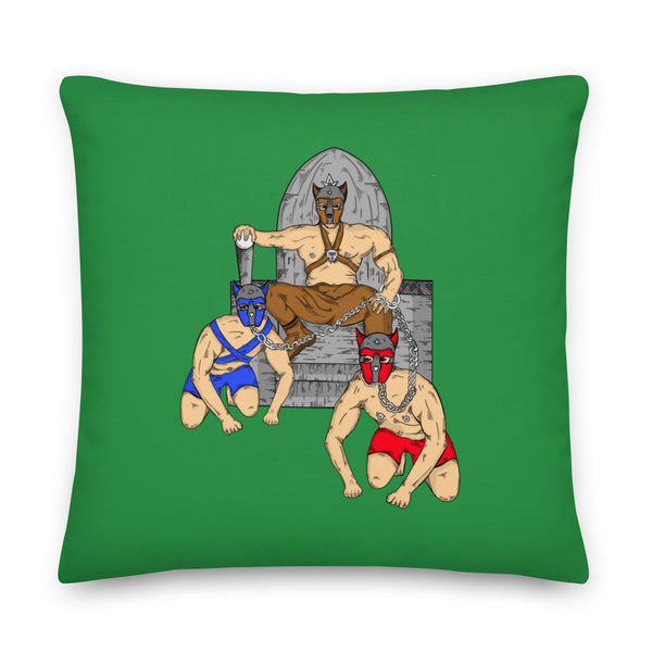 Green square pillow featuring three illustrated pup-play figures with masks, chains, and a chair