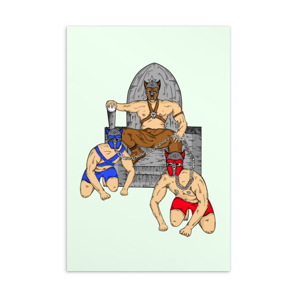 Illustrated postcard showing three masked, shirtless pup-play figures in harnesses and chains