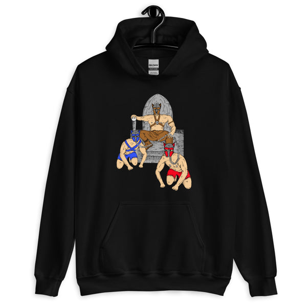 Front view of a black hoodie with three illustrated pup-play figures on the chest