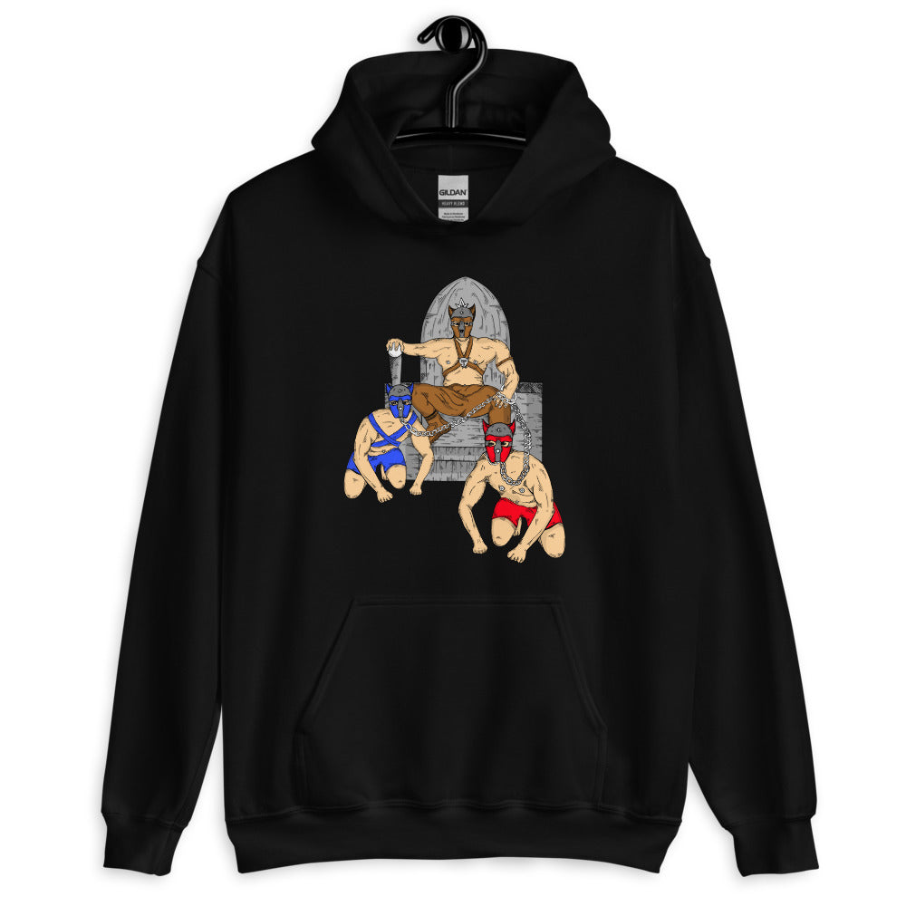 Front view of a black hoodie with three illustrated pup-play figures on the chest