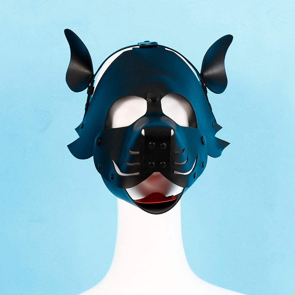 Front view of a black puppy-play hood with pointed ears on a white mannequin